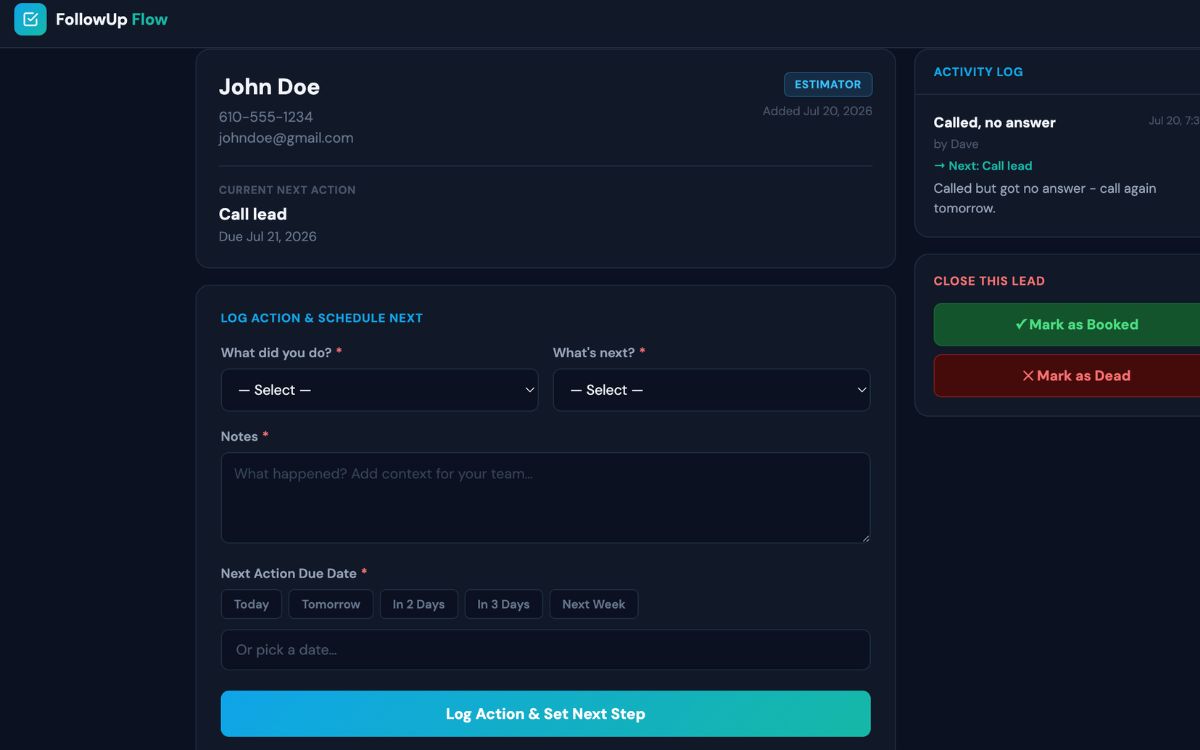 FollowUp Flow showing automated text and email sequences for contractor lead follow-up