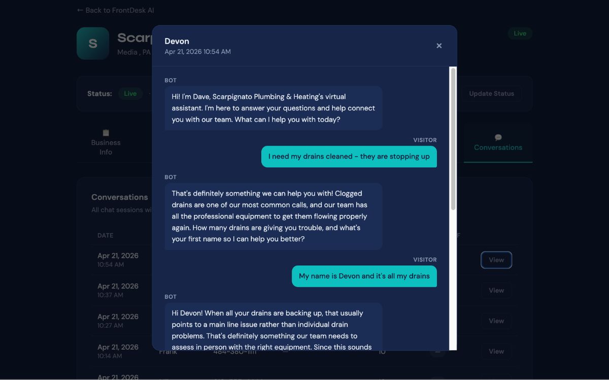 FrontDesk AI chatbot interface showing lead qualification conversation on a contractor's website