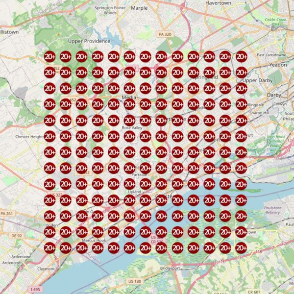 GeoGrid before: contractor ranking poorly across service area, mostly red